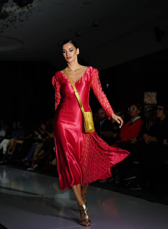 Silk Cutwork Midi Dress – Crimson Red