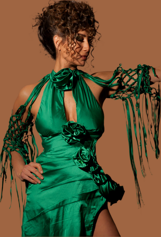 Emerald Green Silk Dress with Macramé - Elegant Long Dress