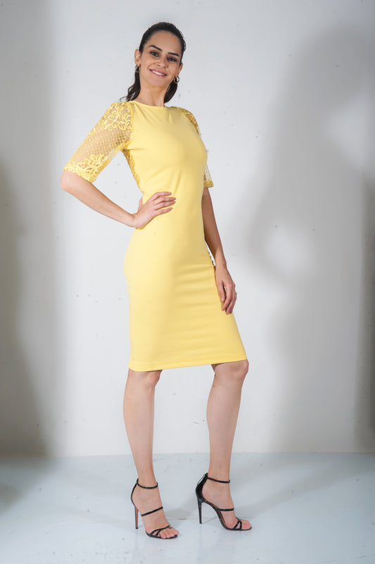 Yellow Neoprene Midi Dress W Sleeves - dieppacouture