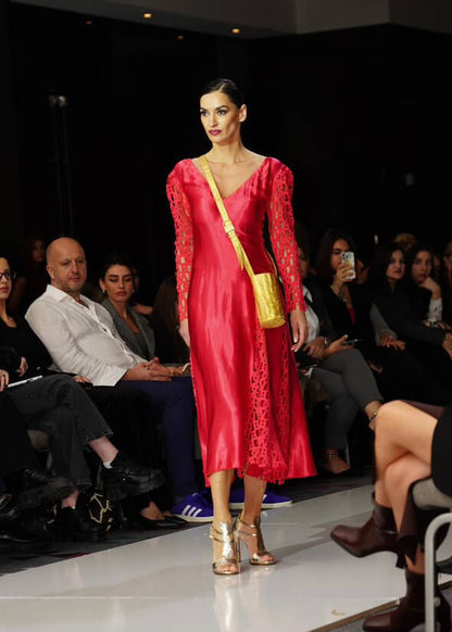 Silk Cutwork Midi Dress – Crimson Red