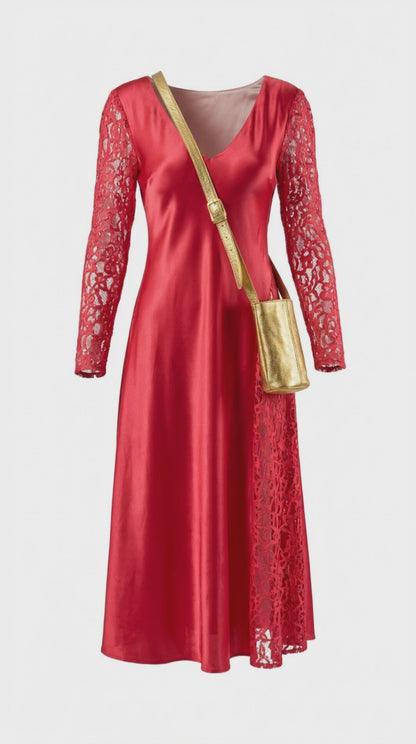 Silk Cutwork Midi Dress – Crimson Red